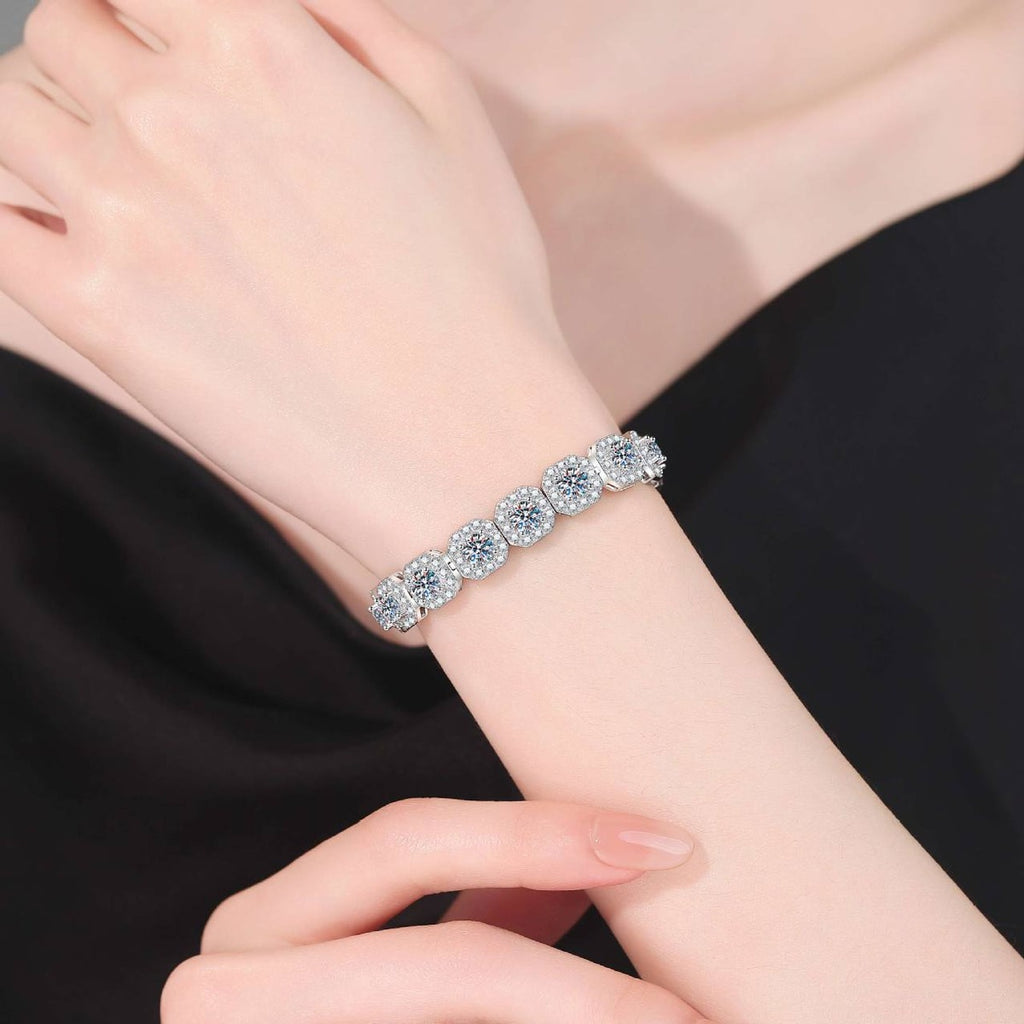 Wide Moissanite Tennis Bracelet with CZ worn on wrist model view showing bracelet scale and fit