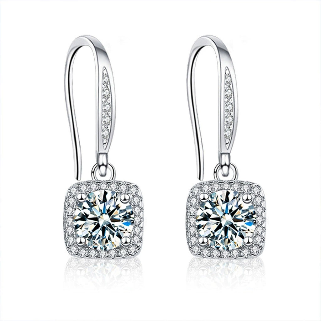 Cushion Halo Round Moissanite Hook Dangle Earrings with CZ in White Gold-Plated S925 sterling silver white background product photo showing the pair, stone shape, and hook dangle earrings silhouette
