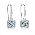 Cushion Halo Round Moissanite Hook Dangle Earrings with CZ in White Gold-Plated S925 sterling silver white background product photo showing the pair, stone shape, and hook dangle earrings silhouette