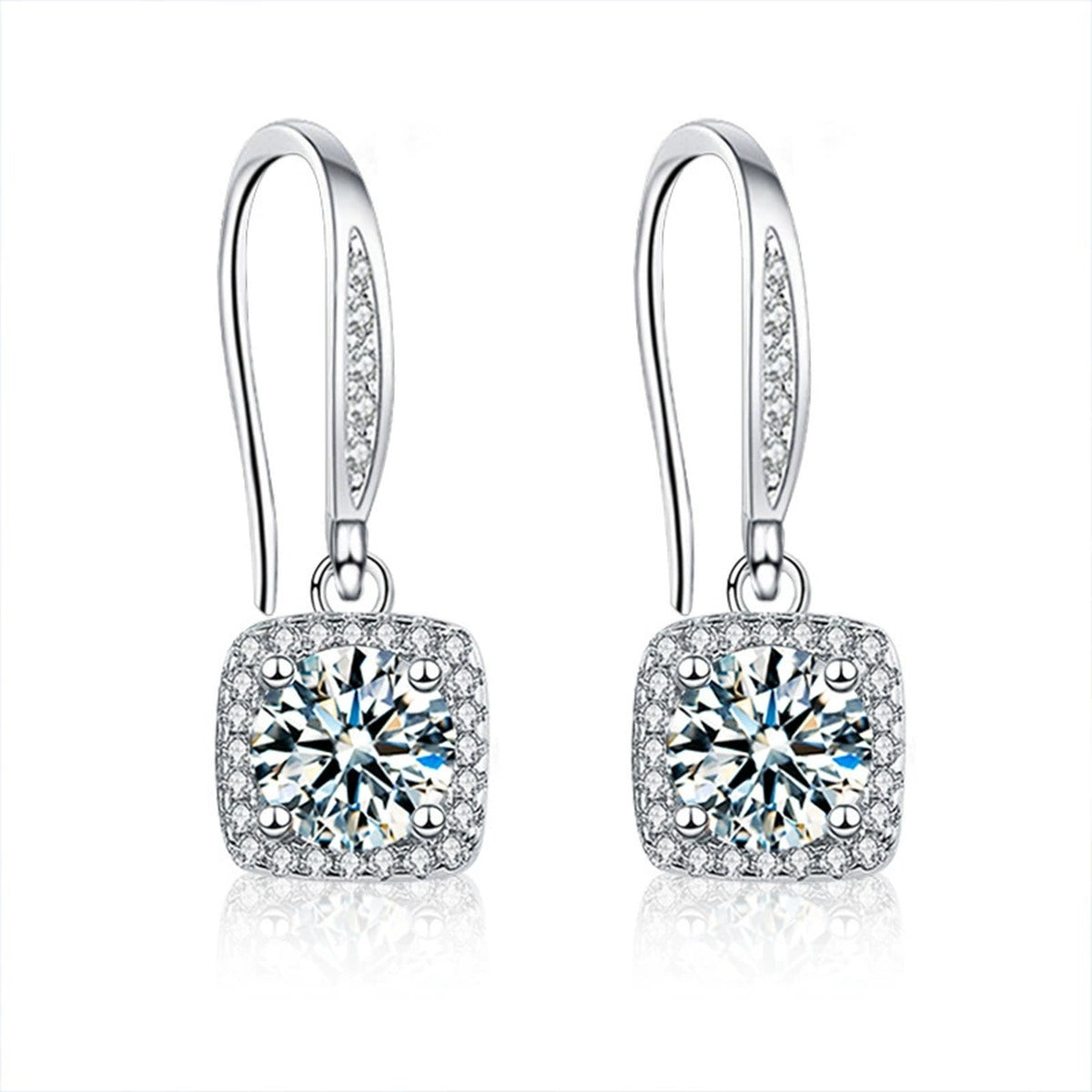 Cushion Halo Round Moissanite Hook Dangle Earrings with CZ in White Gold-Plated S925 sterling silver white background product photo showing the pair, stone shape, and hook dangle earrings silhouette