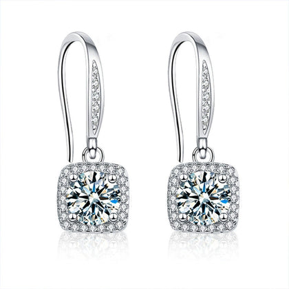 Cushion Halo Round Moissanite Hook Dangle Earrings with CZ in White Gold-Plated S925 sterling silver white background product photo showing the pair, stone shape, and hook dangle earrings silhouette