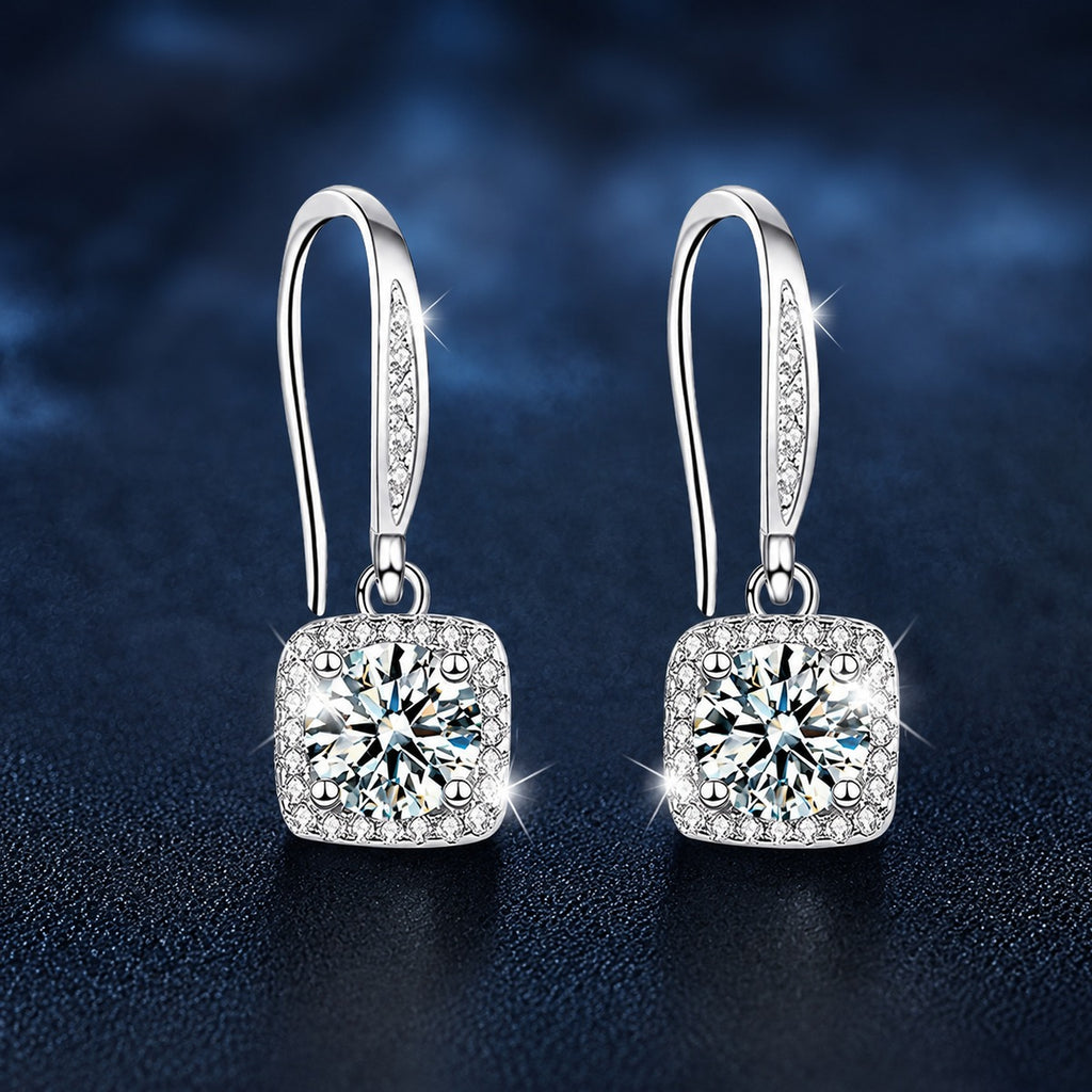 Cushion Halo Round Moissanite Hook Dangle Earrings with CZ in White Gold-Plated S925 sterling silver product scene view showing front sparkle