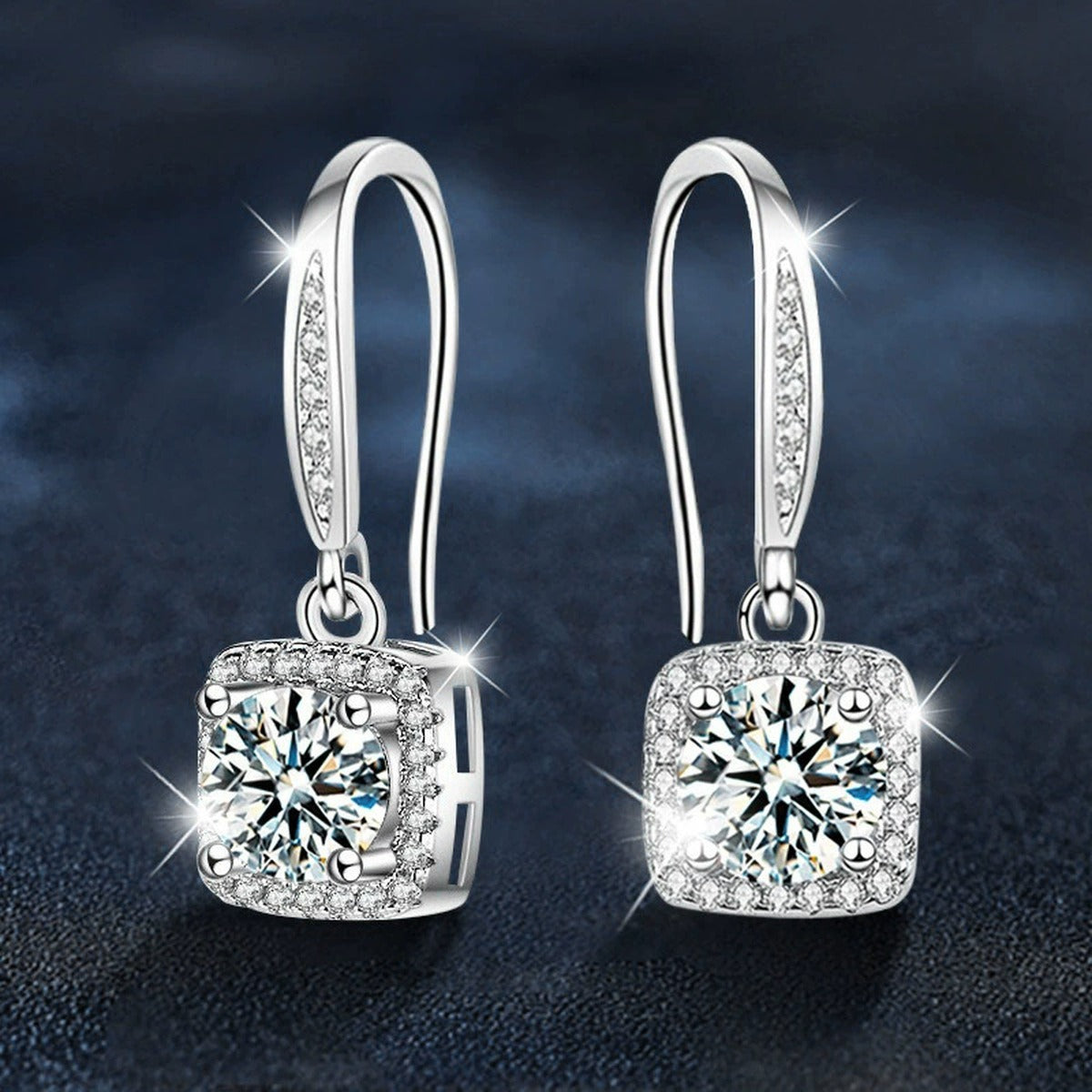 Cushion Halo Round Moissanite Hook Dangle Earrings with CZ in White Gold-Plated S925 sterling silver product scene view showing angled setting detail