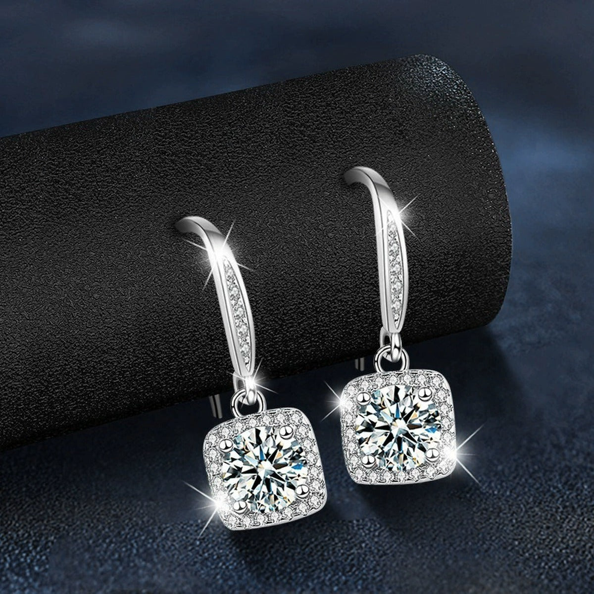Cushion Halo Round Moissanite Hook Dangle Earrings with CZ in White Gold-Plated S925 sterling silver product scene view showing side profile