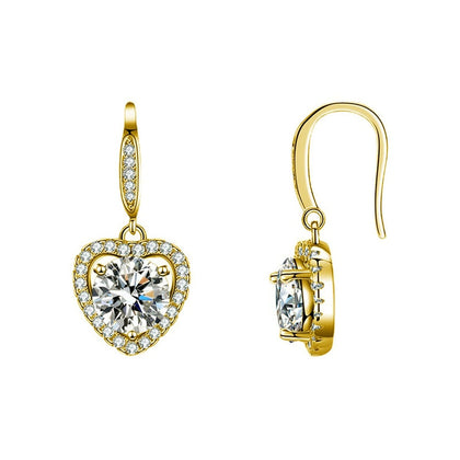 Heart Halo Round Moissanite Hook Dangle Earrings with CZ in Gold-Plated S925 sterling silver white background product photo showing the pair, stone shape, and hook dangle earrings silhouette