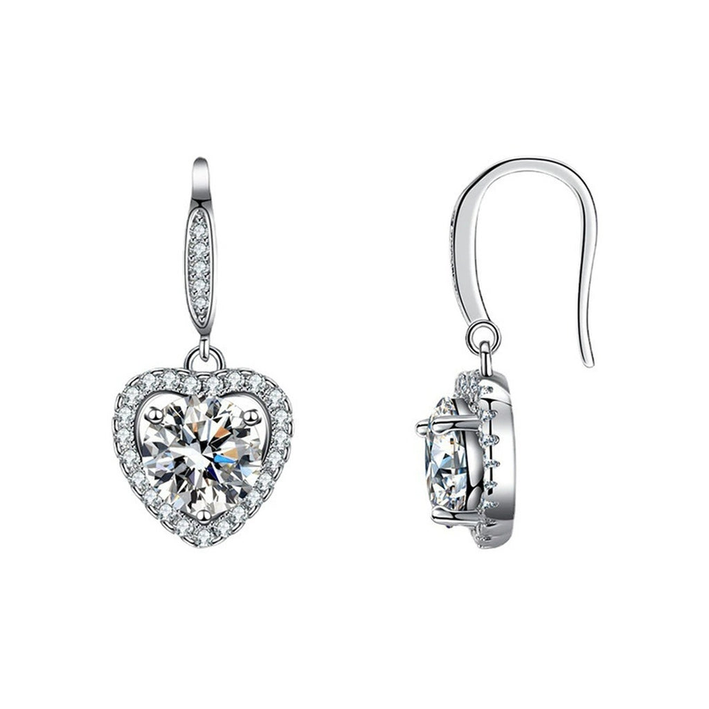 Heart Halo Round Moissanite Hook Dangle Earrings with CZ in Gold-Plated S925 sterling silver product scene view showing front sparkle