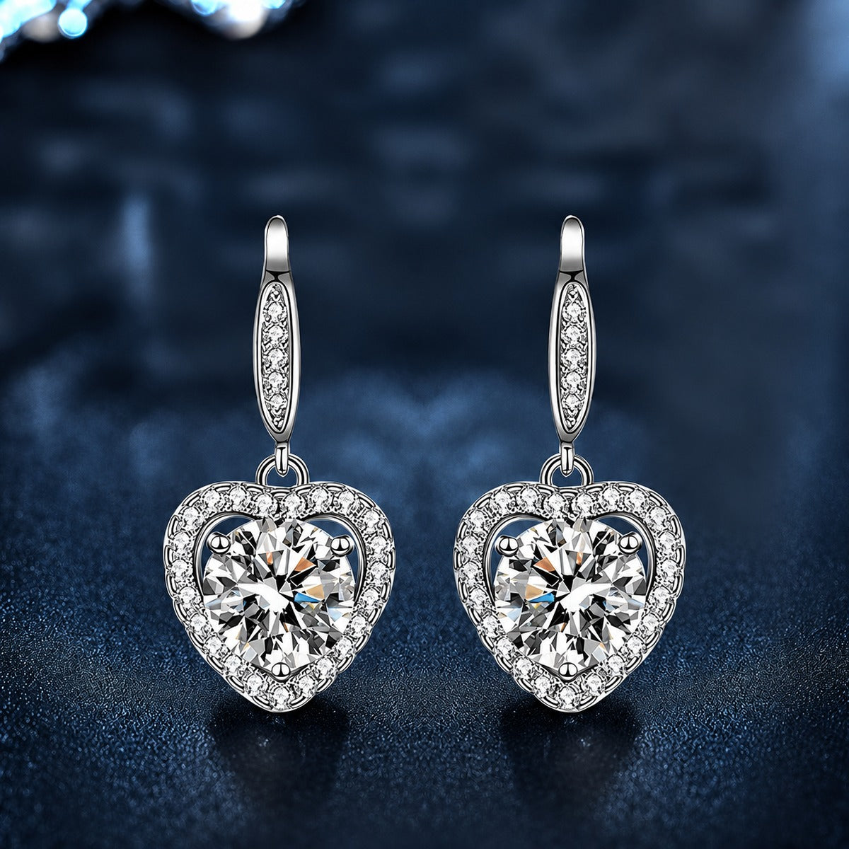 Heart Halo Round Moissanite Hook Dangle Earrings with CZ in Gold-Plated S925 sterling silver product scene view showing angled setting detail