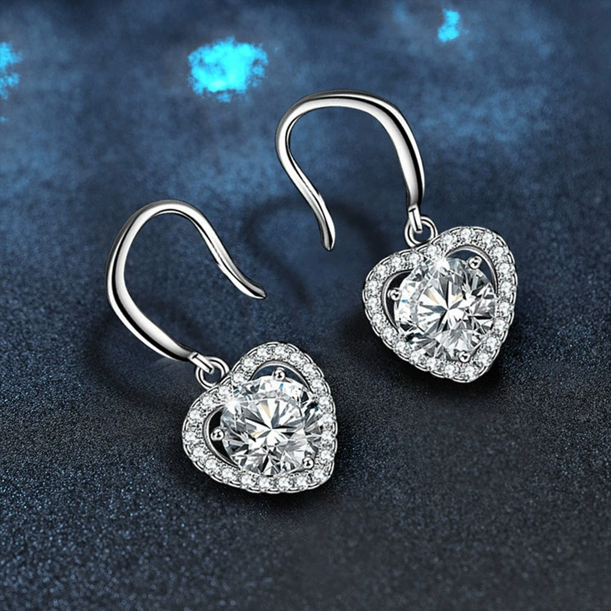Heart Halo Round Moissanite Hook Dangle Earrings with CZ in Gold-Plated S925 sterling silver product scene view showing side profile