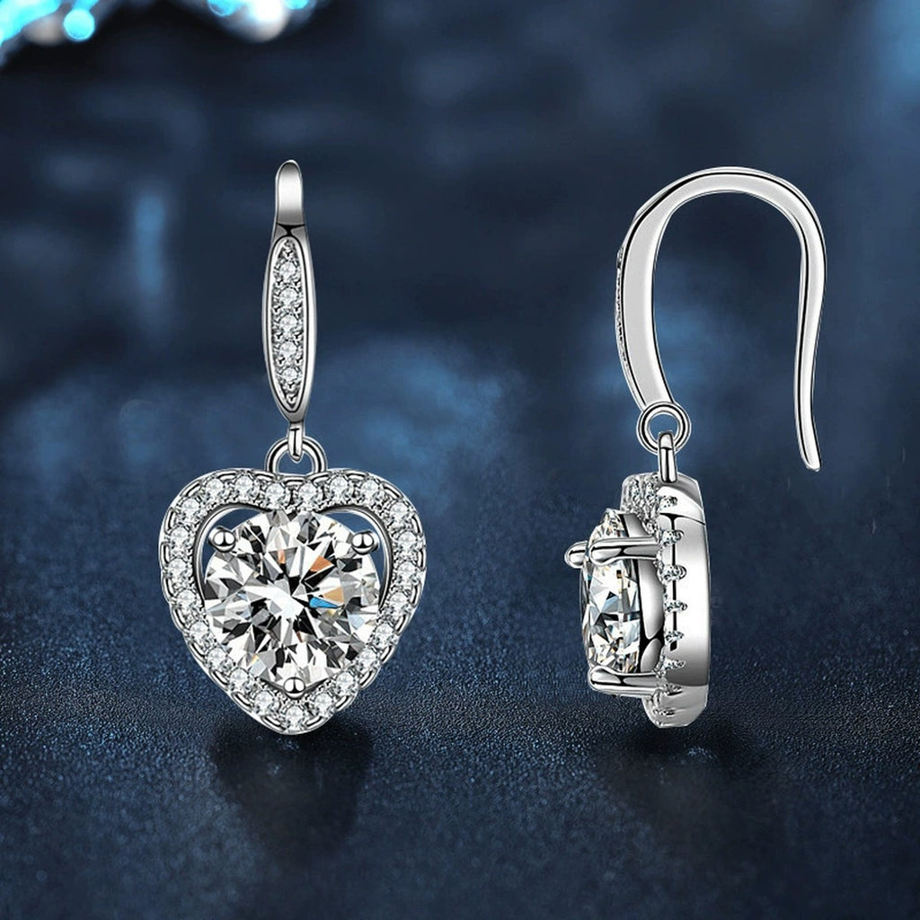 Heart Halo Round Moissanite Hook Dangle Earrings with CZ in Gold-Plated S925 sterling silver product scene view showing pair comparison
