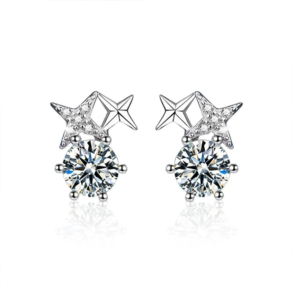 Star Round Moissanite Stud Drop Earrings with CZ in White Gold-Plated S925 sterling silver white background product photo showing the pair, stone shape, and stud earrings silhouette