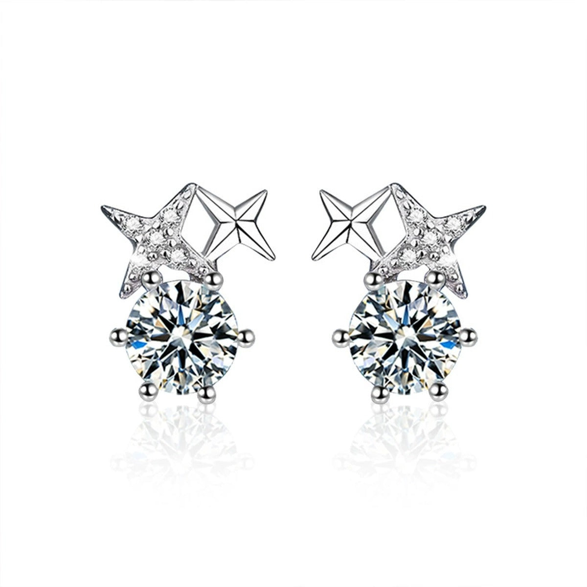 Star Round Moissanite Stud Drop Earrings with CZ in White Gold-Plated S925 sterling silver white background product photo showing the pair, stone shape, and stud earrings silhouette