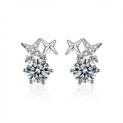 Star Round Moissanite Stud Drop Earrings with CZ in White Gold-Plated S925 sterling silver white background product photo showing the pair, stone shape, and stud earrings silhouette