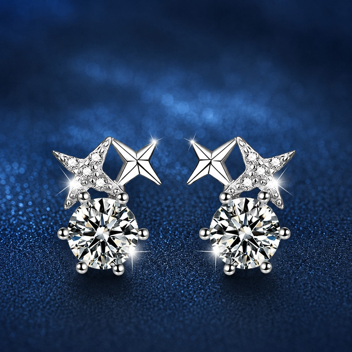 Star Round Moissanite Stud Drop Earrings with CZ in White Gold-Plated S925 sterling silver product scene view showing front sparkle