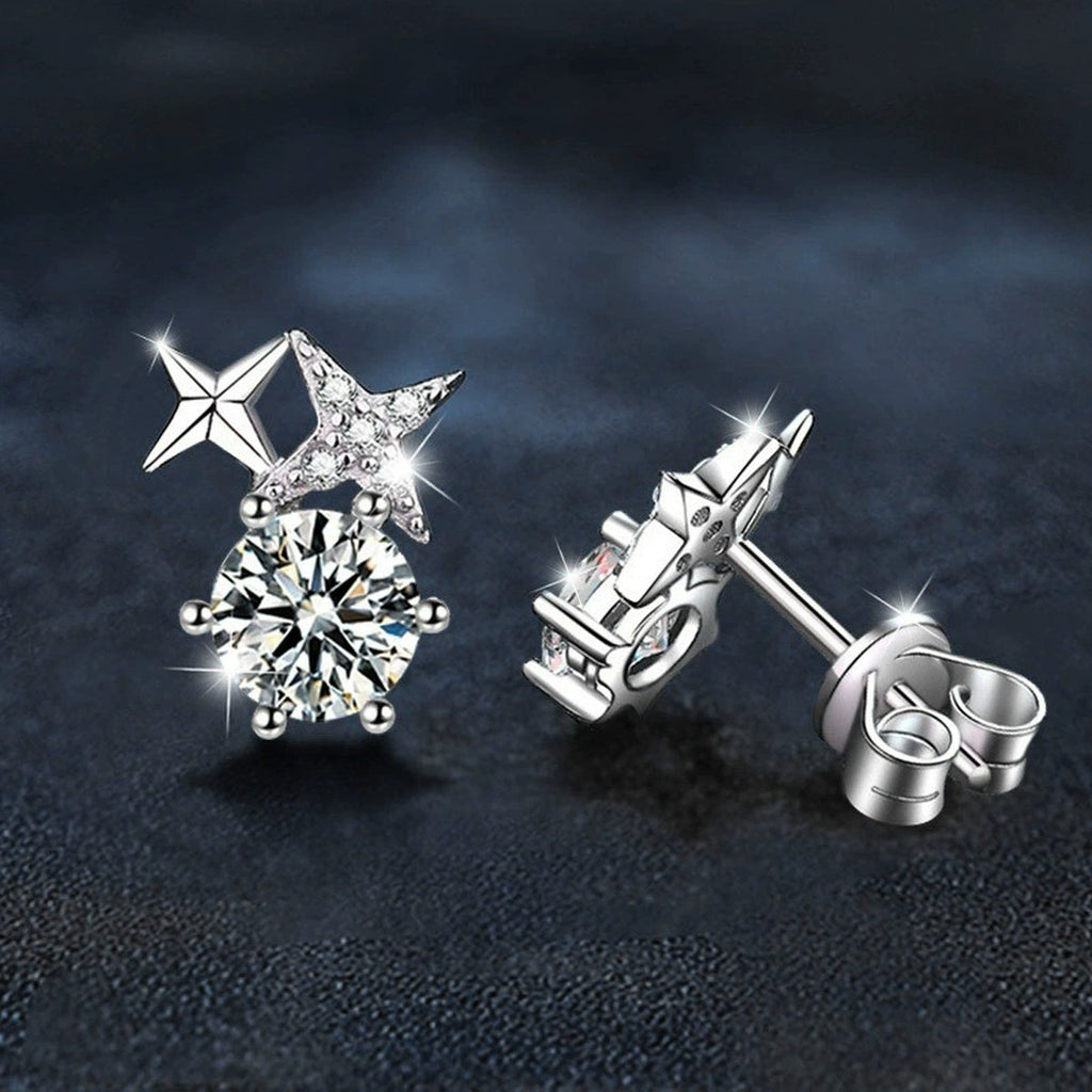 Star Round Moissanite Stud Drop Earrings with CZ in White Gold-Plated S925 sterling silver product scene view showing angled setting detail