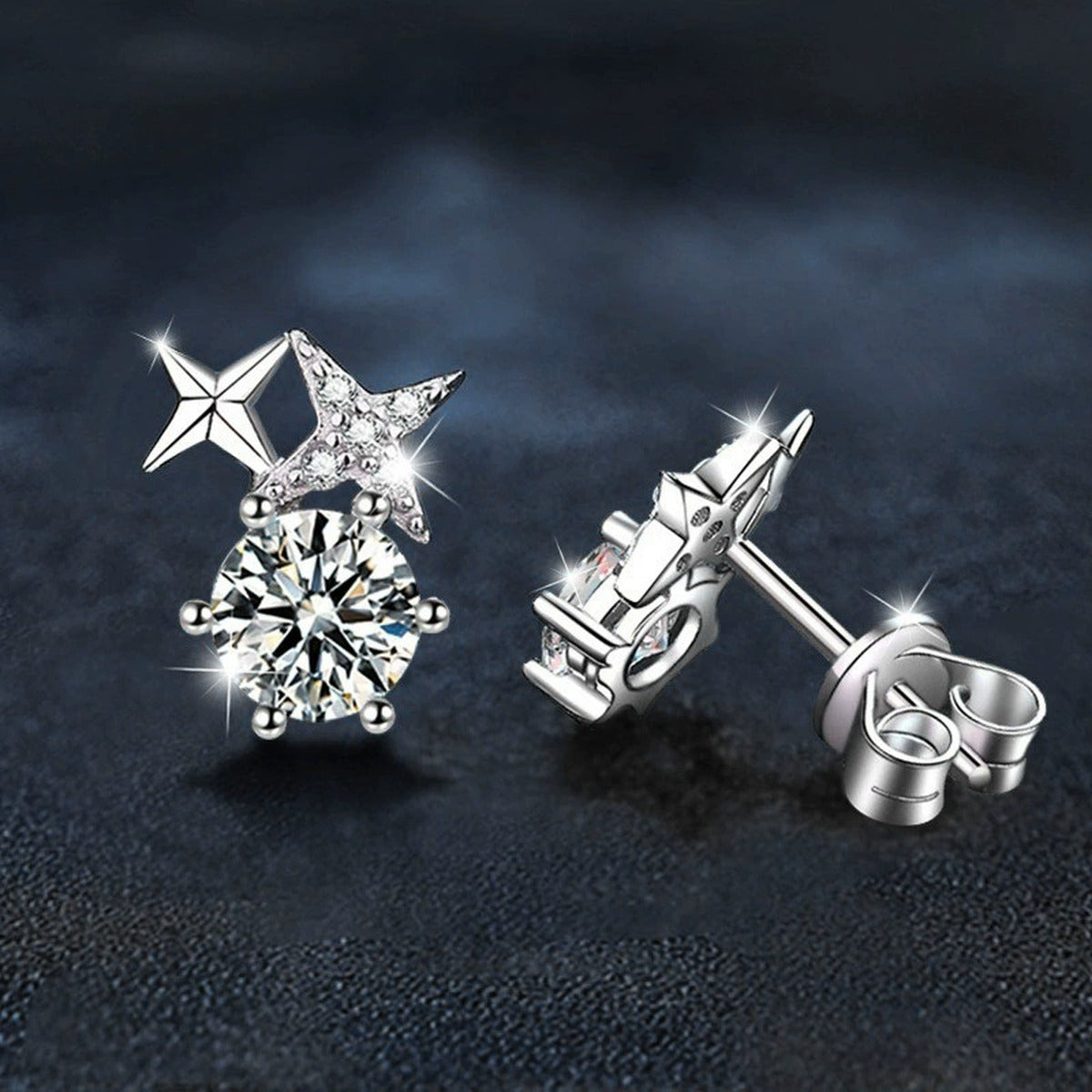 Star Round Moissanite Stud Drop Earrings with CZ in White Gold-Plated S925 sterling silver product scene view showing angled setting detail