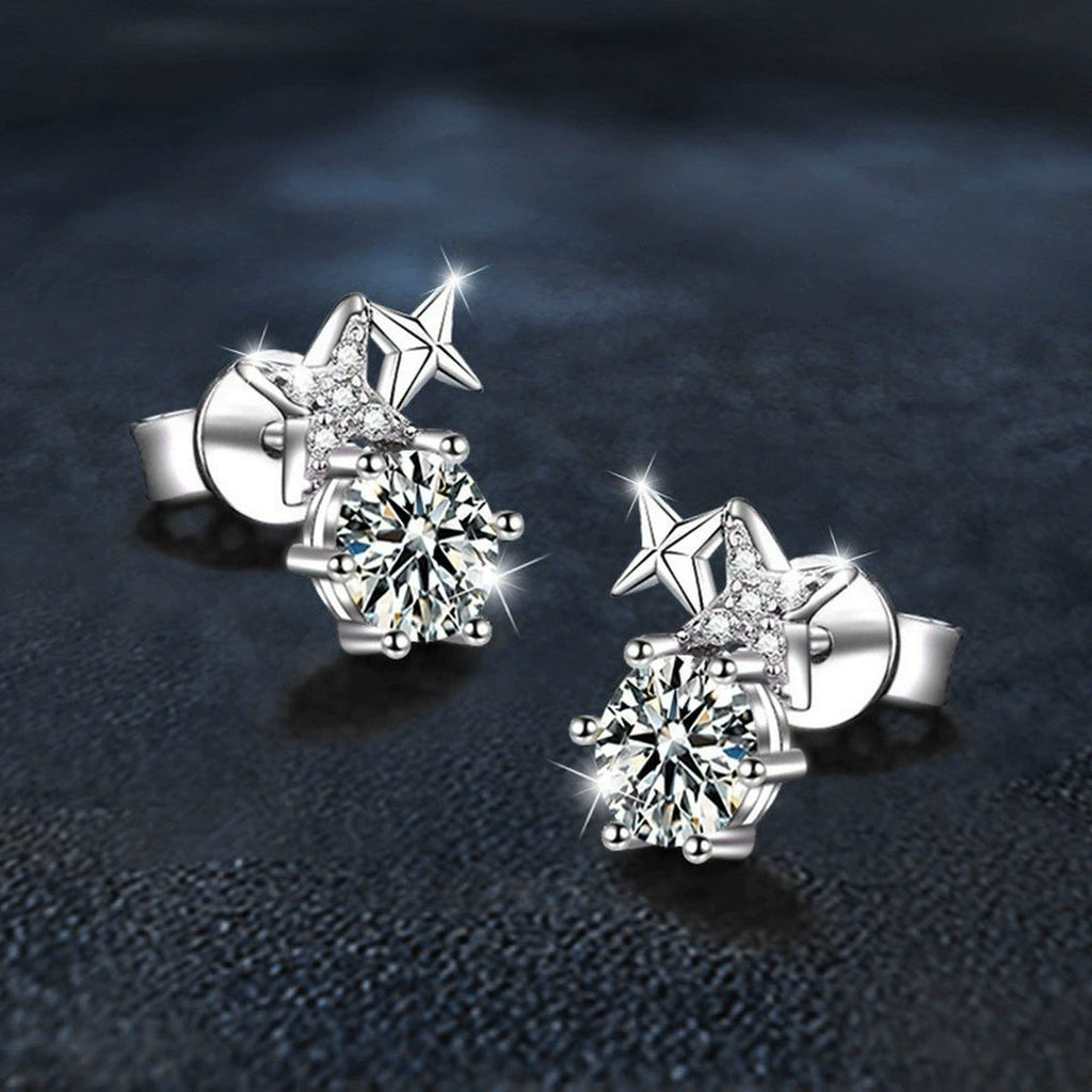 Star Round Moissanite Stud Drop Earrings with CZ in White Gold-Plated S925 sterling silver product scene view showing side profile