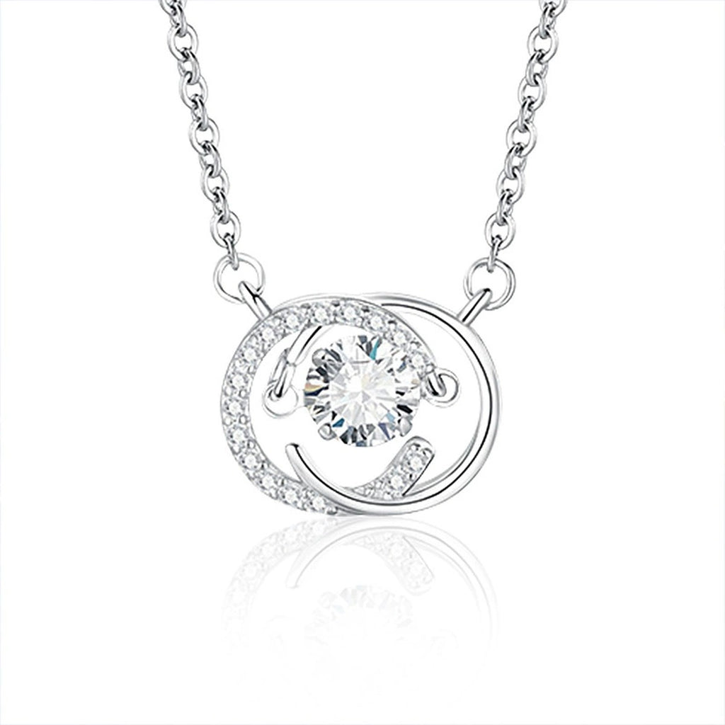 Moon Round Moissanite Necklace with CZ in White Gold-Plated S925 sterling silver white background product photo showing moon pendant with a round moissanite center and CZ crescent accents