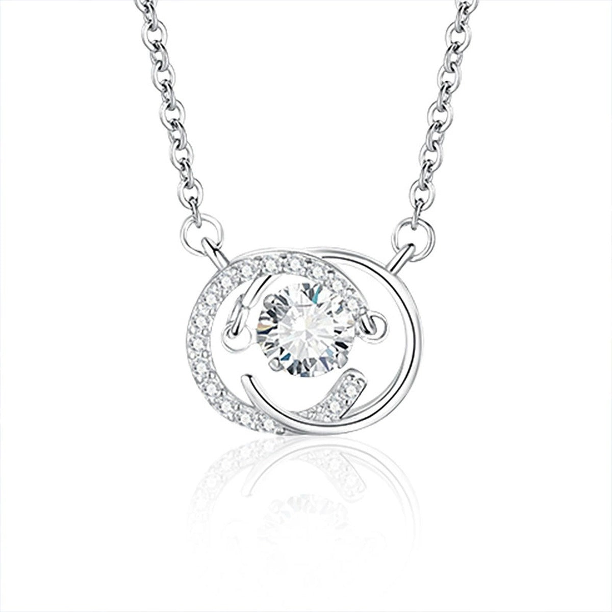 Moon Round Moissanite Necklace with CZ in White Gold-Plated S925 sterling silver white background product photo showing moon pendant with a round moissanite center and CZ crescent accents
