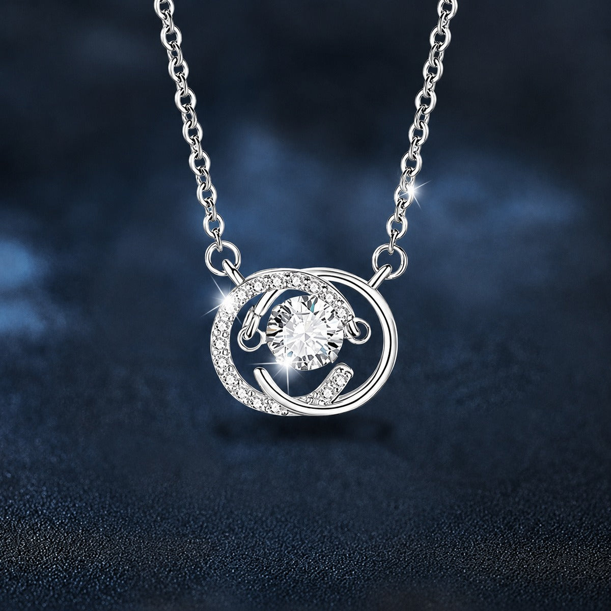 Moon Round Moissanite Necklace with CZ in White Gold-Plated S925 sterling silver close-up product scene showing pendant setting
