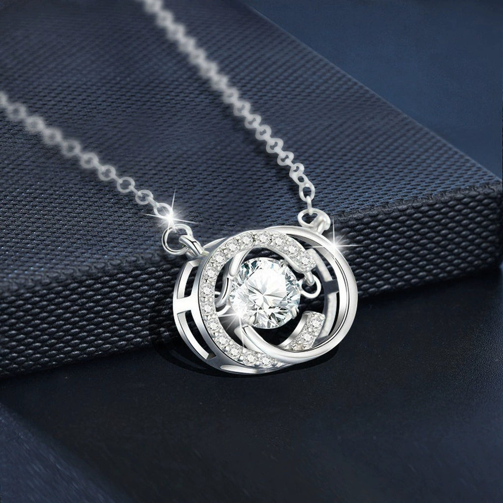 Moon Round Moissanite Necklace with CZ in White Gold-Plated S925 sterling silver blue display scene showing chain and stone layout