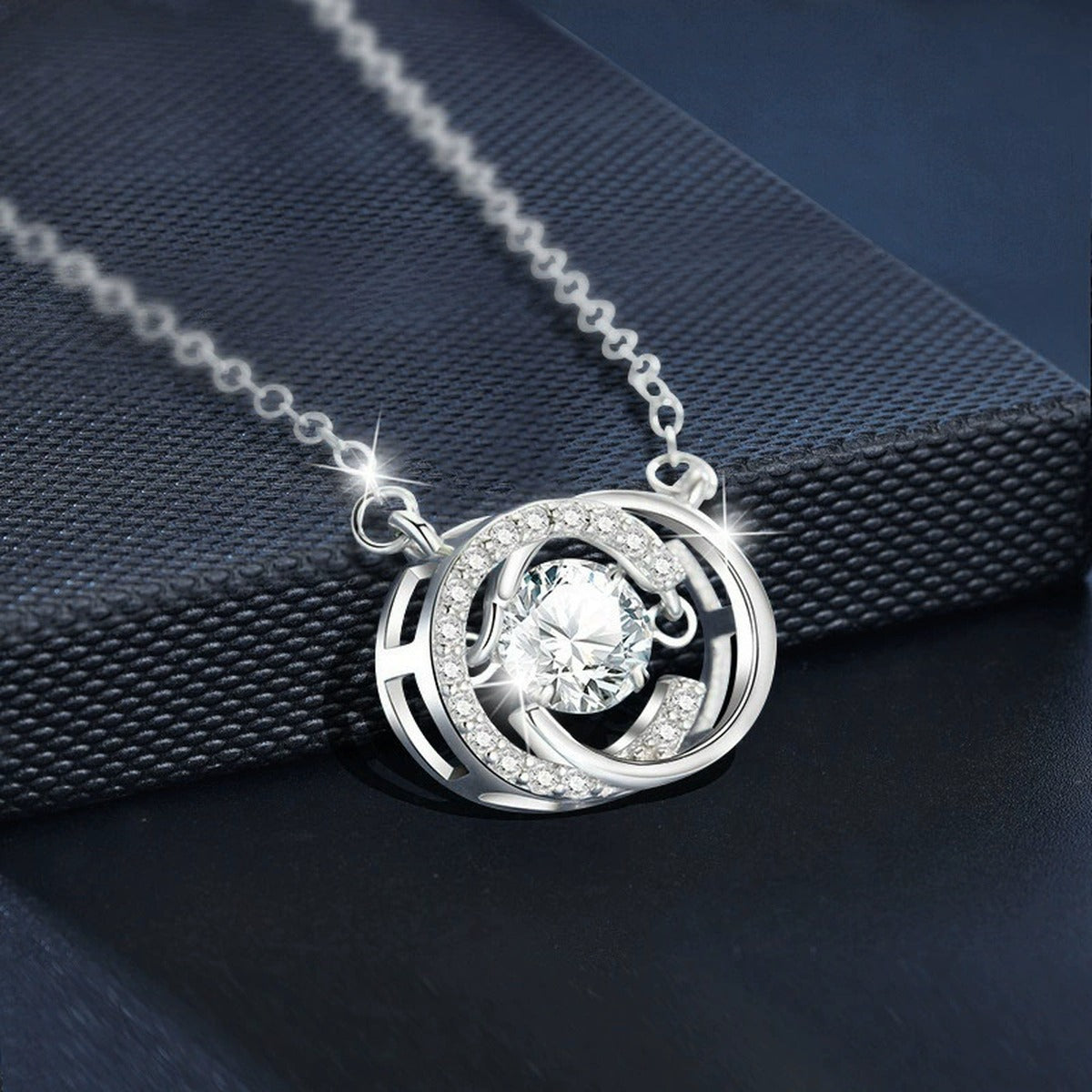 Moon Round Moissanite Necklace with CZ in White Gold-Plated S925 sterling silver blue display scene showing chain and stone layout