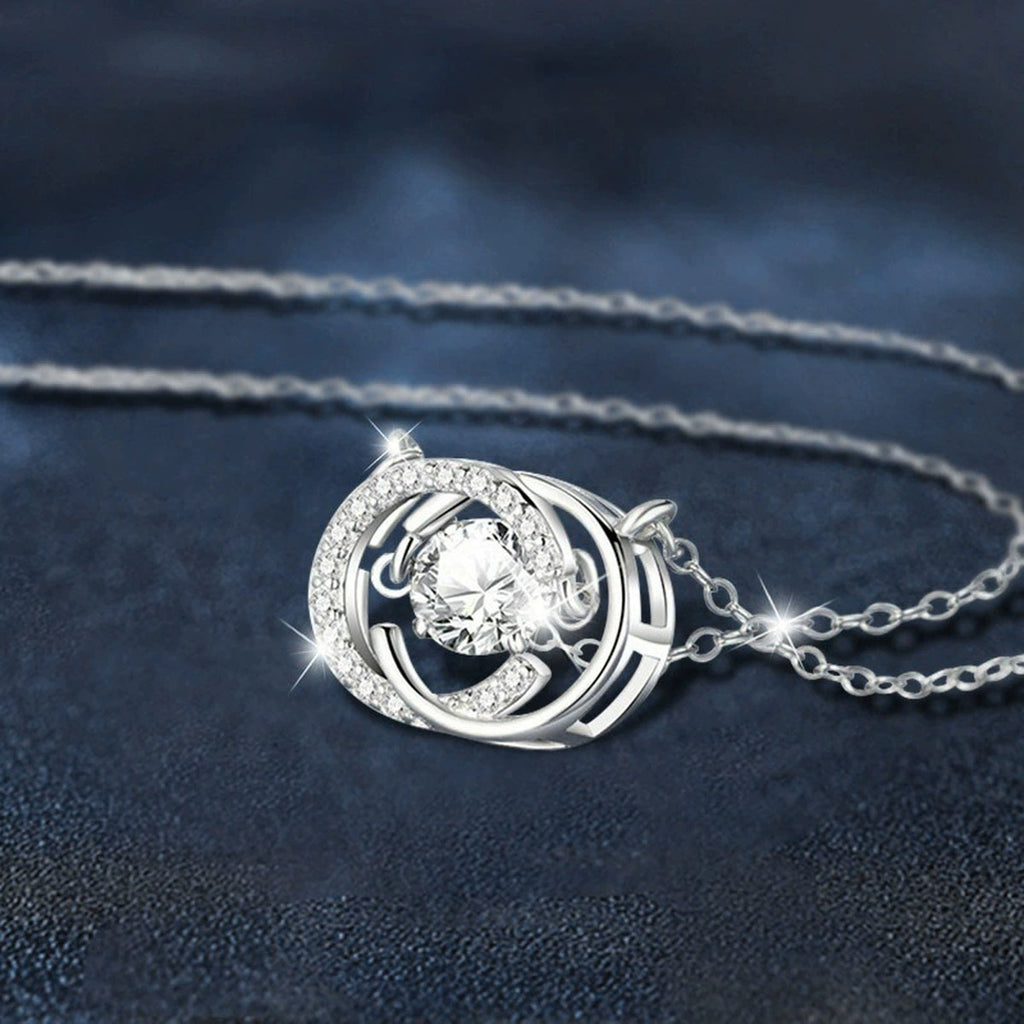 Moon Round Moissanite Necklace with CZ in White Gold-Plated S925 sterling silver angled product detail view