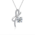 Bowknot Round Moissanite Necklace with CZ in White Gold-Plated S925 sterling silver white background product photo showing bowknot ribbon pendant with a round moissanite drop and CZ accents