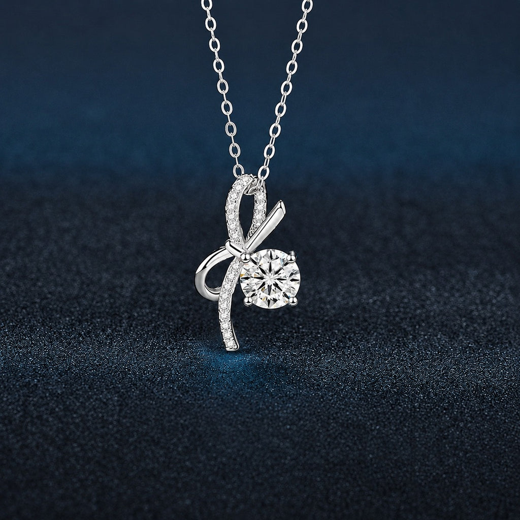 Bowknot Round Moissanite Necklace with CZ in White Gold-Plated S925 sterling silver close-up product scene showing pendant setting