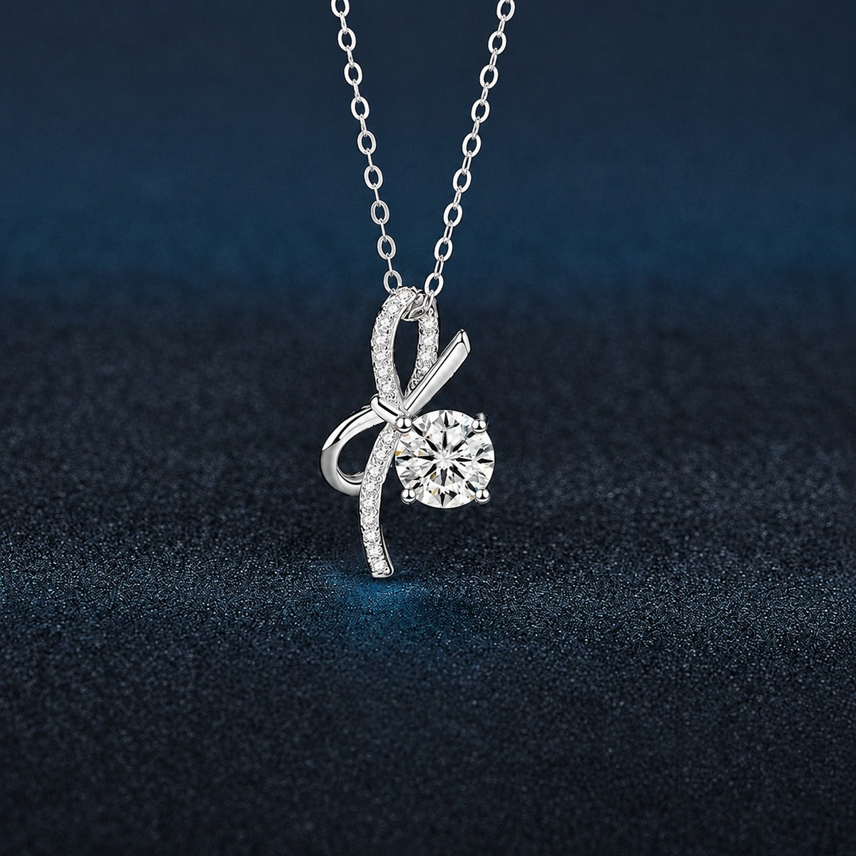 Bowknot Round Moissanite Necklace with CZ in White Gold-Plated S925 sterling silver close-up product scene showing pendant setting