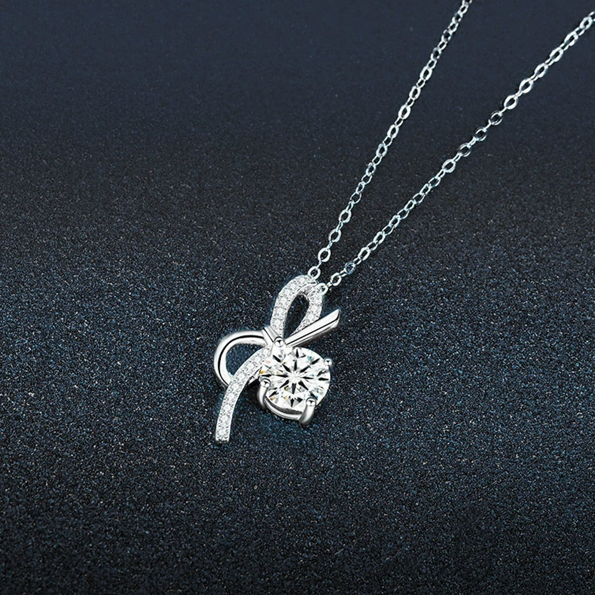 Bowknot Round Moissanite Necklace with CZ in White Gold-Plated S925 sterling silver angled product detail view
