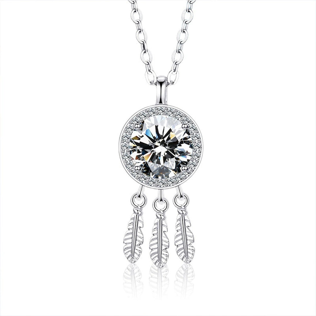 Dreamcatcher Round Moissanite Necklace with CZ in White Gold-Plated S925 sterling silver white background product photo showing dreamcatcher pendant with a round moissanite center and CZ feather drops