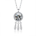 Dreamcatcher Round Moissanite Necklace with CZ in White Gold-Plated S925 sterling silver white background product photo showing dreamcatcher pendant with a round moissanite center and CZ feather drops