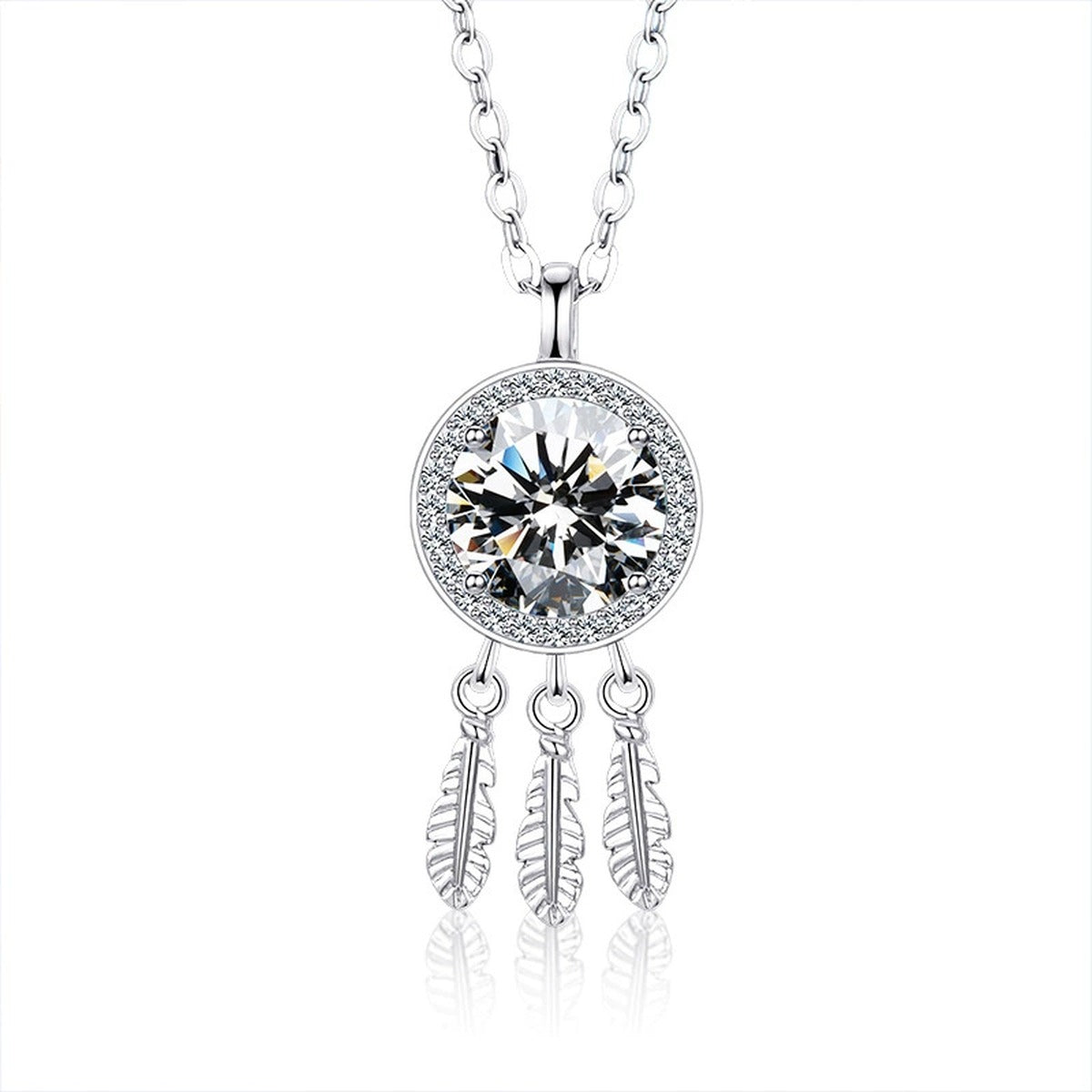 Dreamcatcher Round Moissanite Necklace with CZ in White Gold-Plated S925 sterling silver white background product photo showing dreamcatcher pendant with a round moissanite center and CZ feather drops
