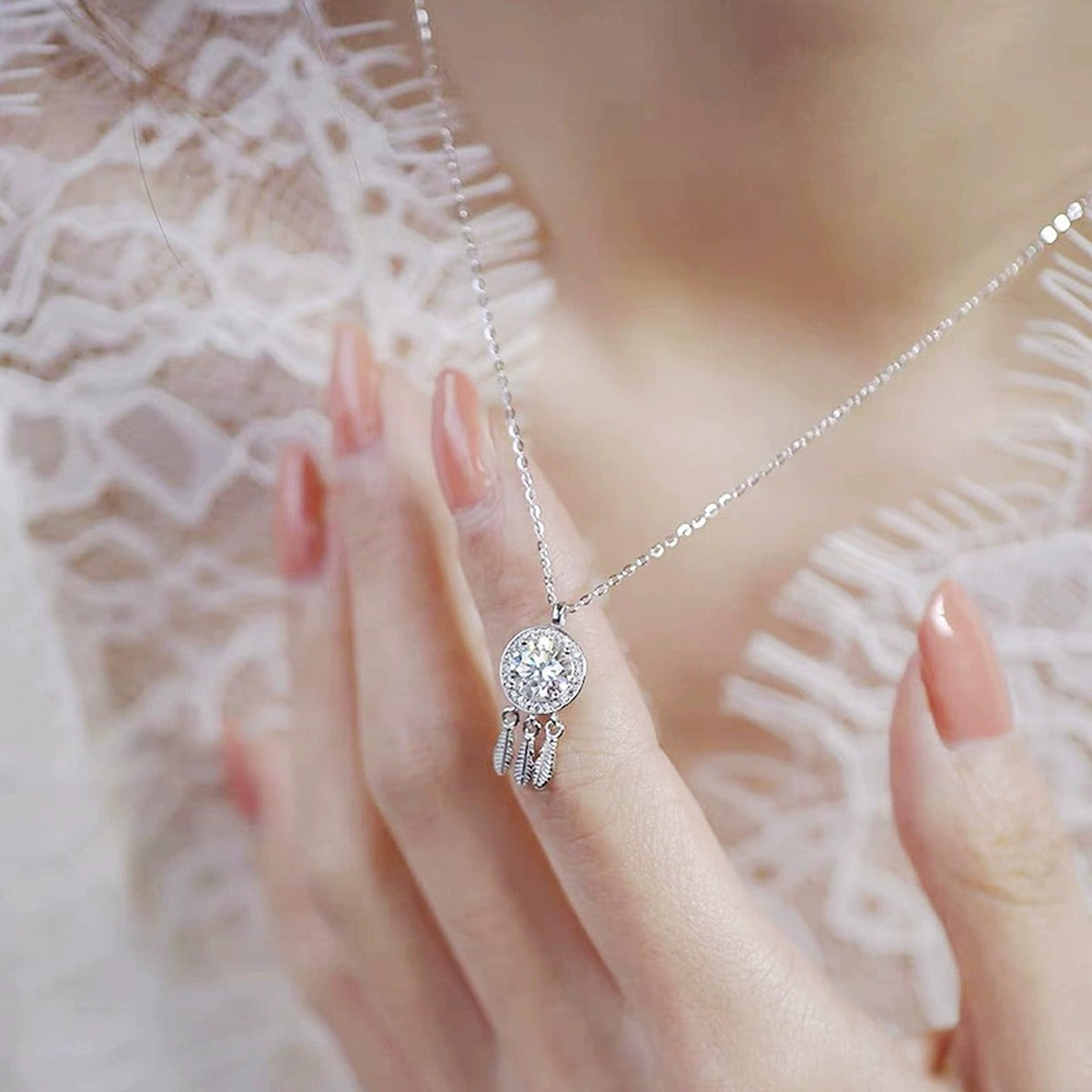 Dreamcatcher Round Moissanite Necklace with CZ in White Gold-Plated S925 sterling silver neckline model view showing pendant scale and chain length