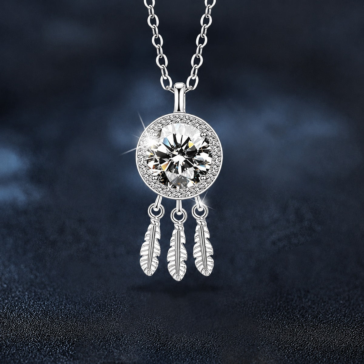 Dreamcatcher Round Moissanite Necklace with CZ in White Gold-Plated S925 sterling silver close-up product scene showing pendant setting