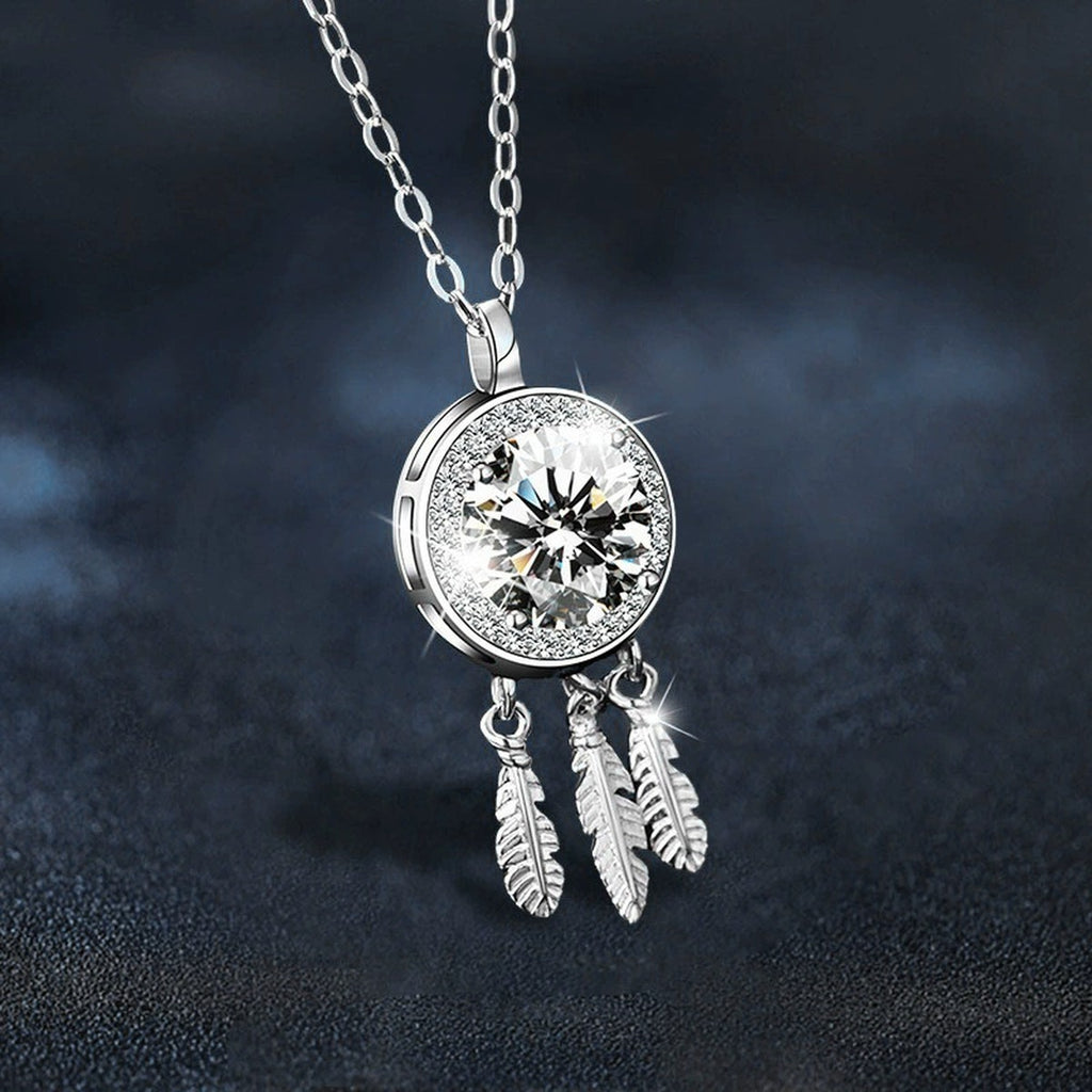 Dreamcatcher Round Moissanite Necklace with CZ in White Gold-Plated S925 sterling silver blue display scene showing chain and stone layout