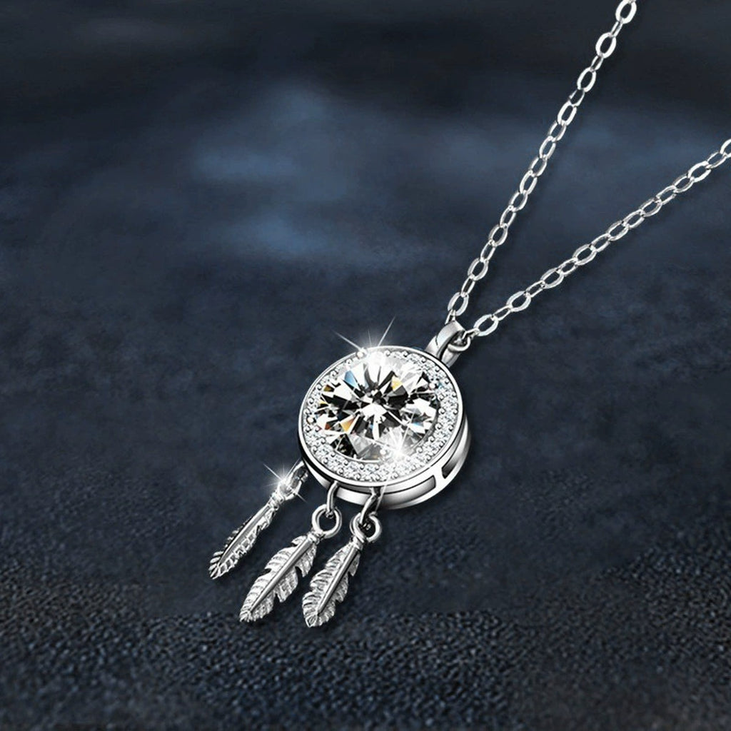 Dreamcatcher Round Moissanite Necklace with CZ in White Gold-Plated S925 sterling silver angled product detail view