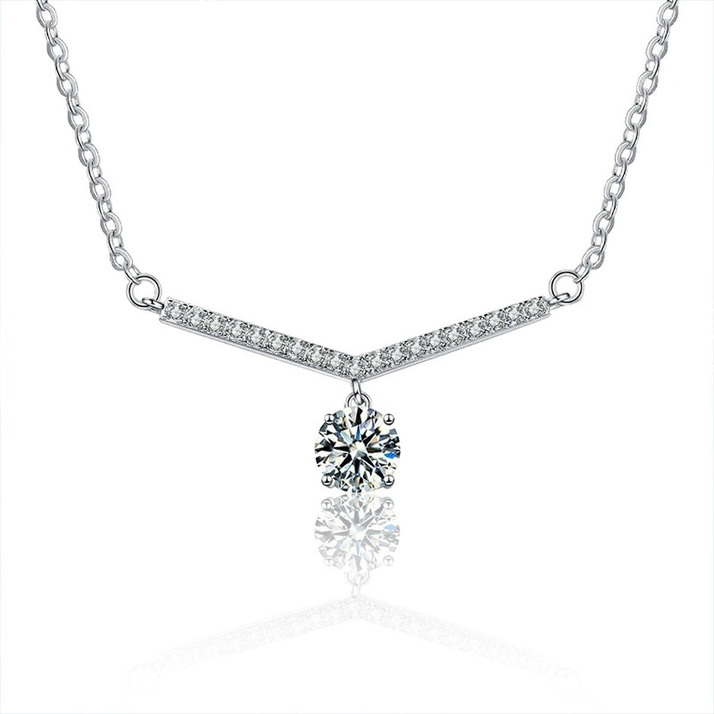 V-Shaped Round Moissanite Necklace with CZ in White Gold-Plated S925 sterling silver white background product photo showing v-shaped bar necklace with a round moissanite drop and CZ-set line