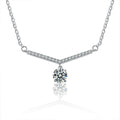 V-Shaped Round Moissanite Necklace with CZ in White Gold-Plated S925 sterling silver white background product photo showing v-shaped bar necklace with a round moissanite drop and CZ-set line