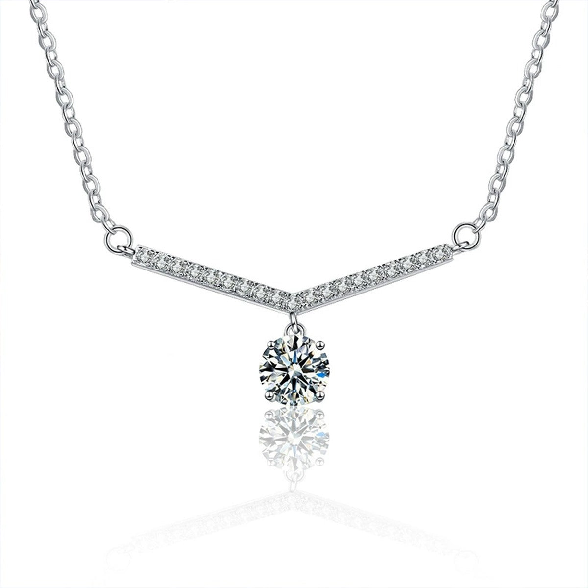 V-Shaped Round Moissanite Necklace with CZ in White Gold-Plated S925 sterling silver white background product photo showing v-shaped bar necklace with a round moissanite drop and CZ-set line