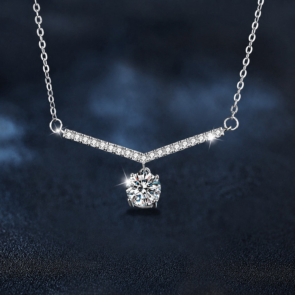 V-Shaped Round Moissanite Necklace with CZ in White Gold-Plated S925 sterling silver close-up product scene showing pendant setting