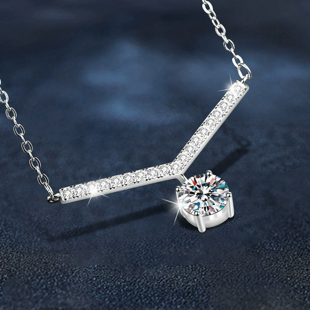 V-Shaped Round Moissanite Necklace with CZ in White Gold-Plated S925 sterling silver blue display scene showing chain and stone layout