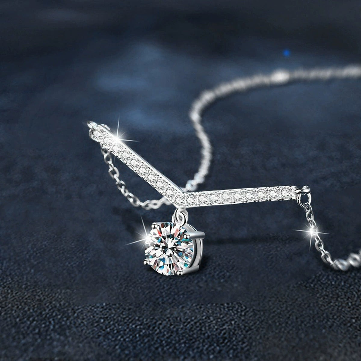V-Shaped Round Moissanite Necklace with CZ in White Gold-Plated S925 sterling silver angled product detail view