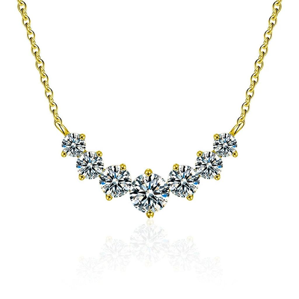 Seven-Stone Moissanite Necklace in Gold-Plated S925 sterling silver white background product photo showing seven-stone floral cluster necklace offered in yellow gold and white gold plating with three carat options