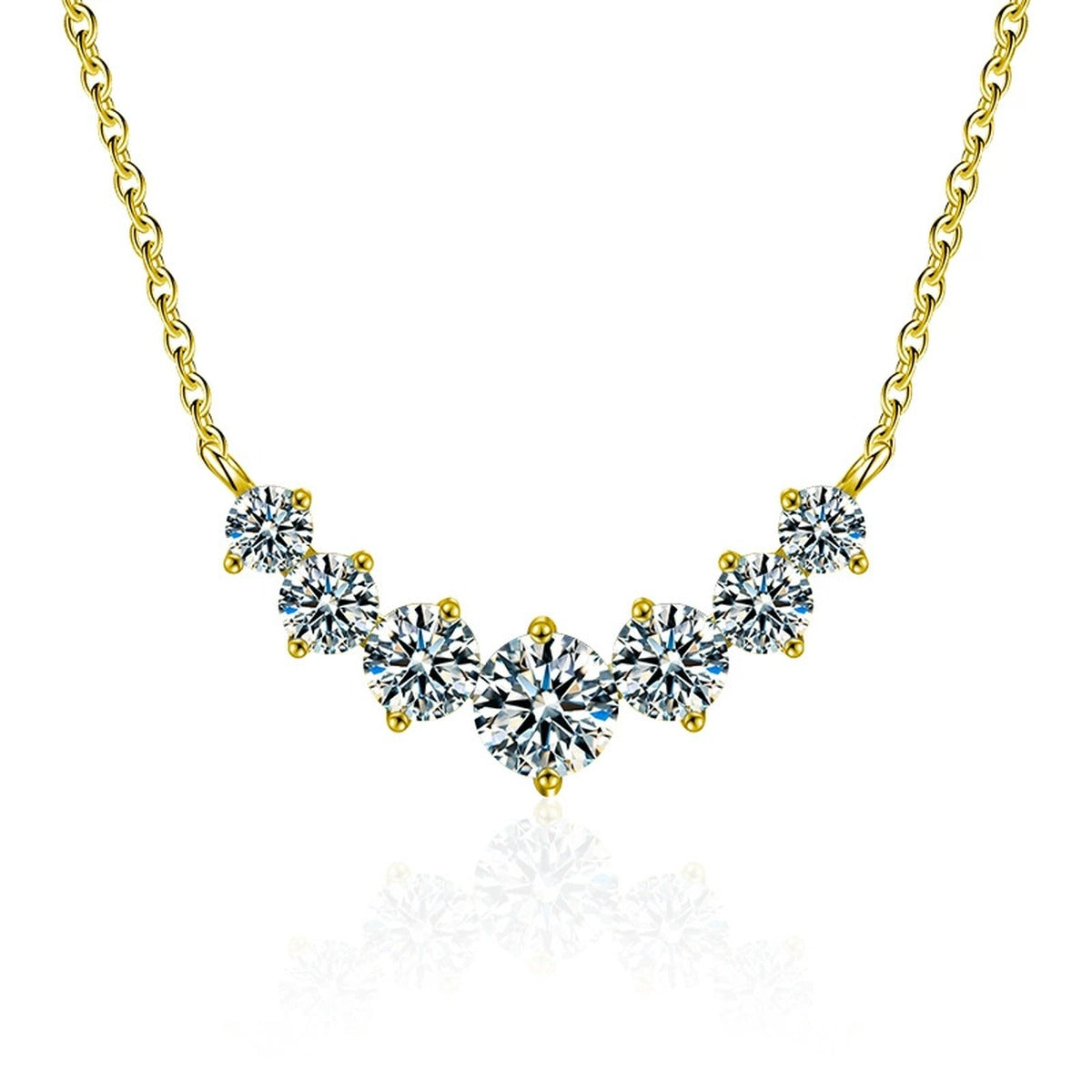 Seven-Stone Moissanite Necklace in Gold-Plated S925 sterling silver white background product photo showing seven-stone floral cluster necklace offered in yellow gold and white gold plating with three carat options