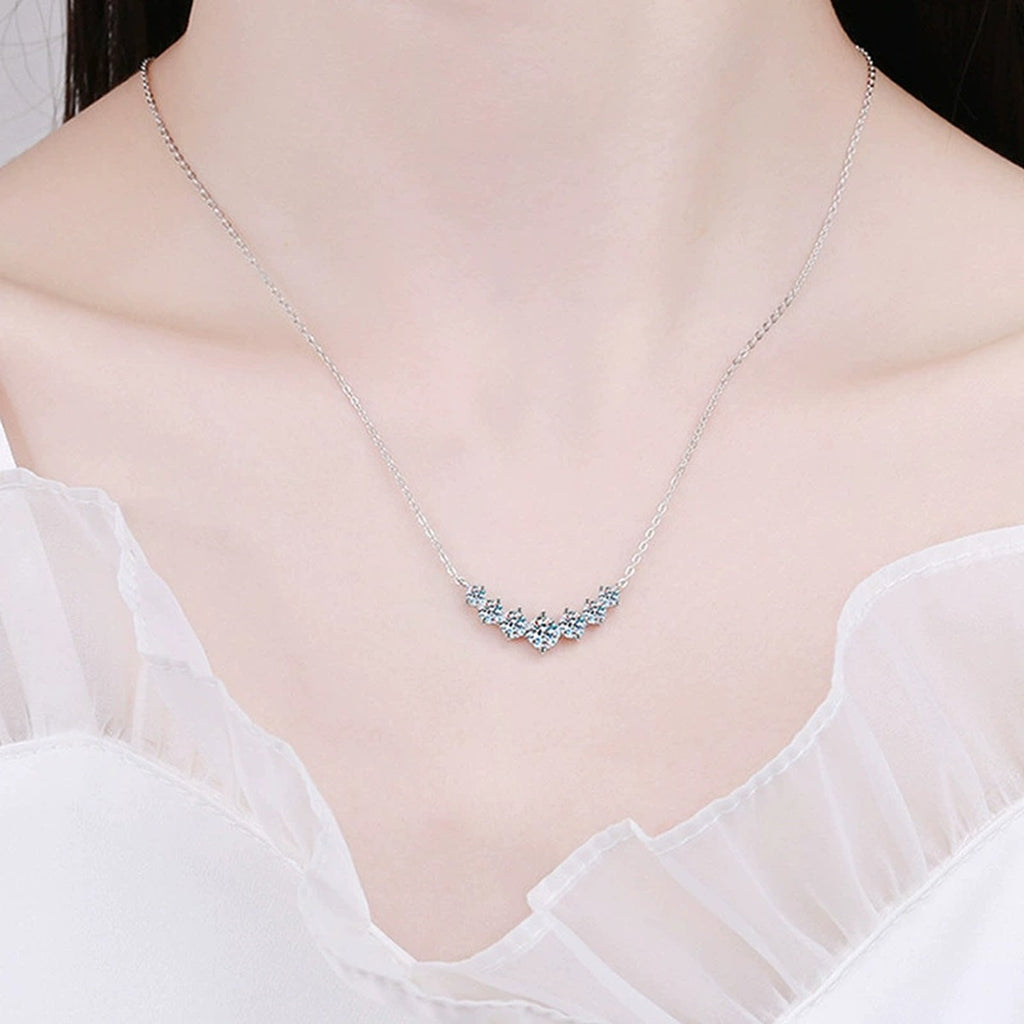 Seven-Stone Moissanite Necklace in Gold-Plated S925 sterling silver neckline model view showing pendant scale and chain length