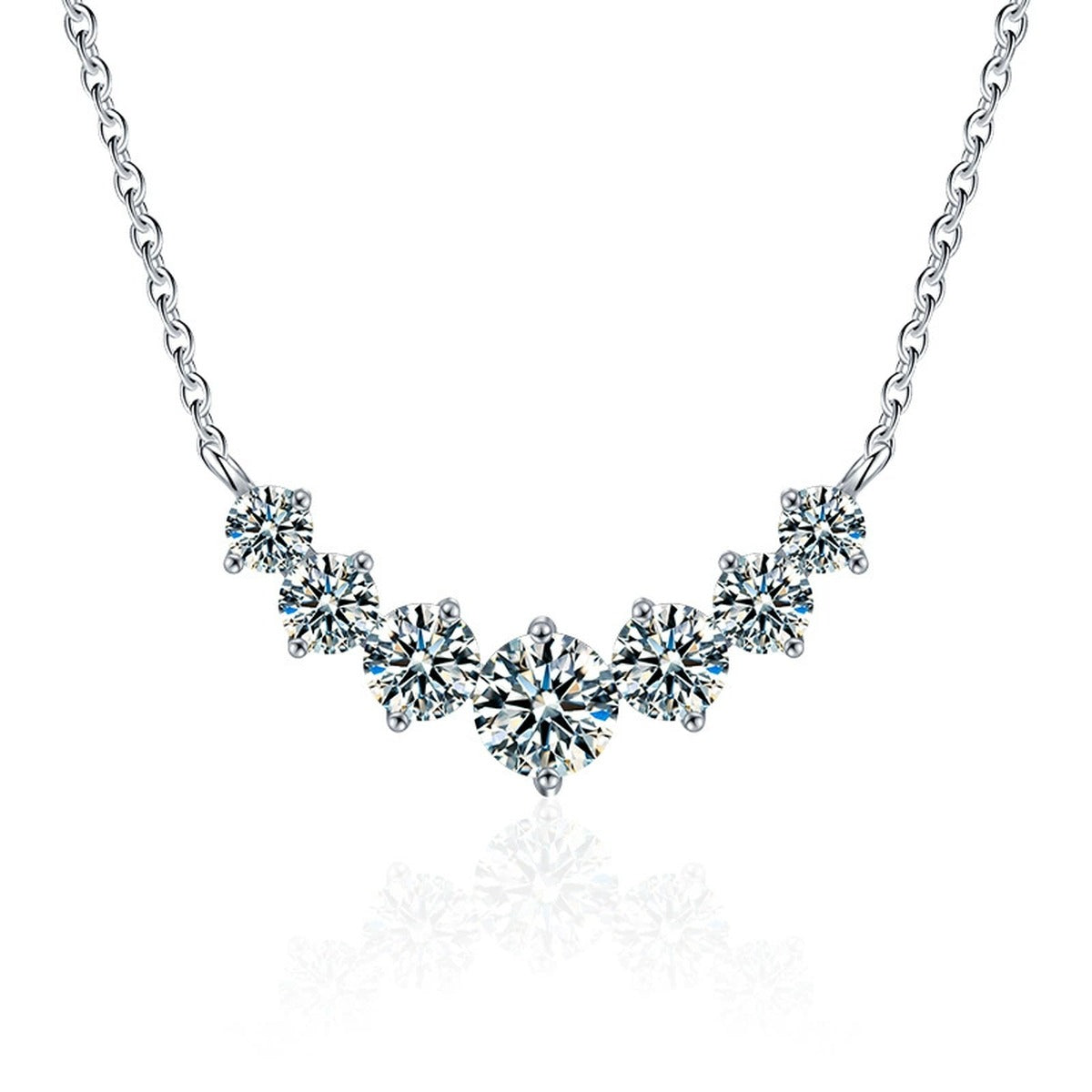 Seven-Stone Moissanite Necklace in Gold-Plated S925 sterling silver white background product photo showing seven-stone floral cluster necklace offered in yellow gold and white gold plating with three carat options
