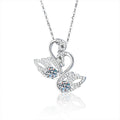 Swan Round Moissanite Necklace with CZ in White Gold-Plated S925 sterling silver white background product photo showing two-swan pendant with a round moissanite center and CZ feather accents