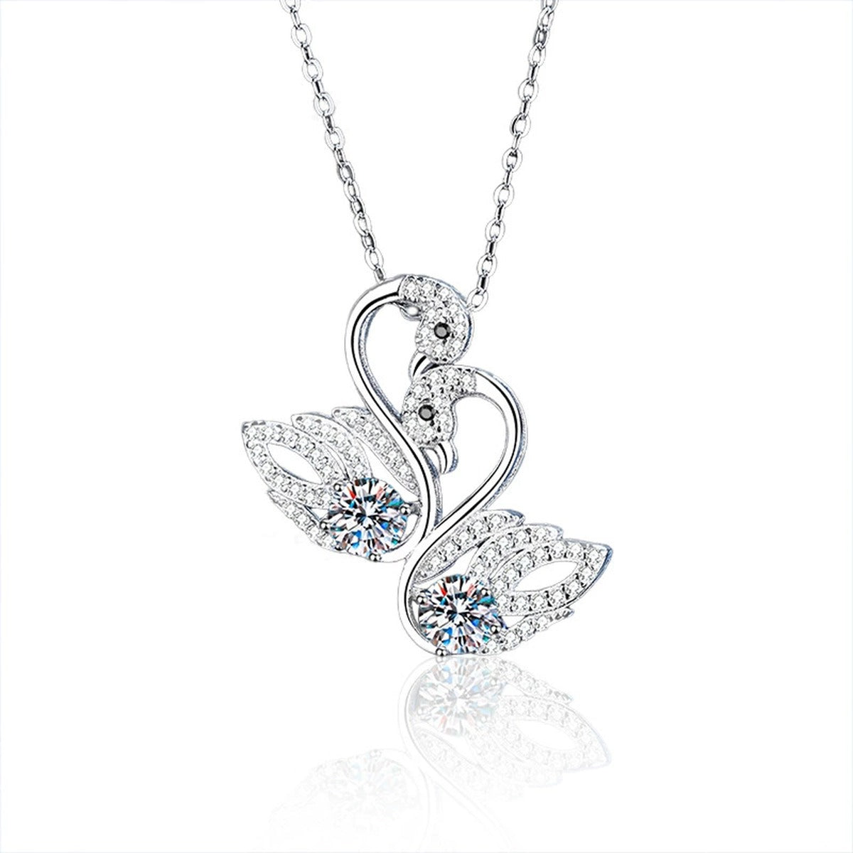 Swan Round Moissanite Necklace with CZ in White Gold-Plated S925 sterling silver white background product photo showing two-swan pendant with a round moissanite center and CZ feather accents