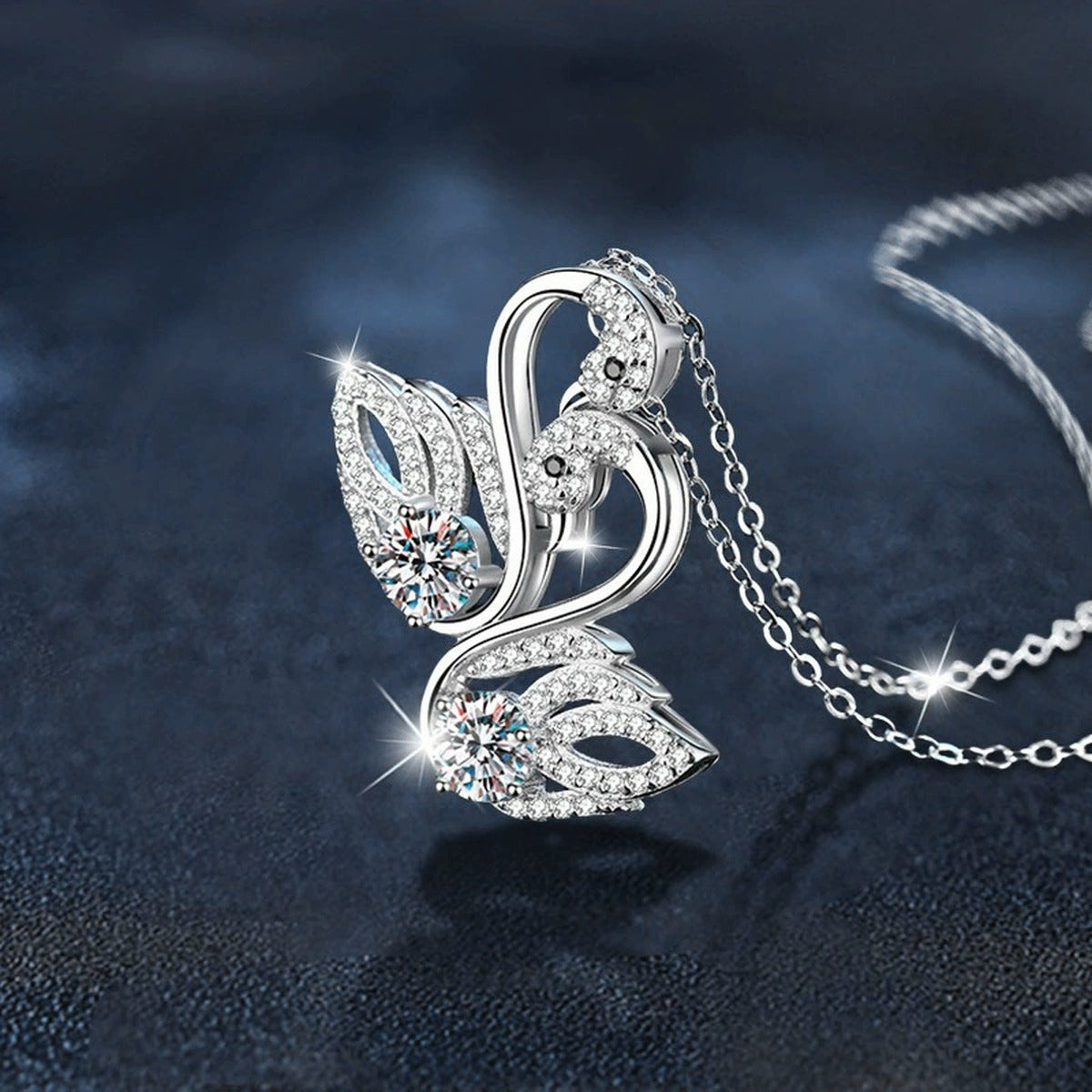 Swan Round Moissanite Necklace with CZ in White Gold-Plated S925 sterling silver blue display scene showing chain and stone layout